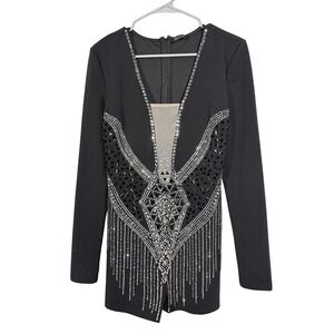 NWOT BANJUL Rhinestone Black Romper Mesh Plunge V Long Sleeve -  Large